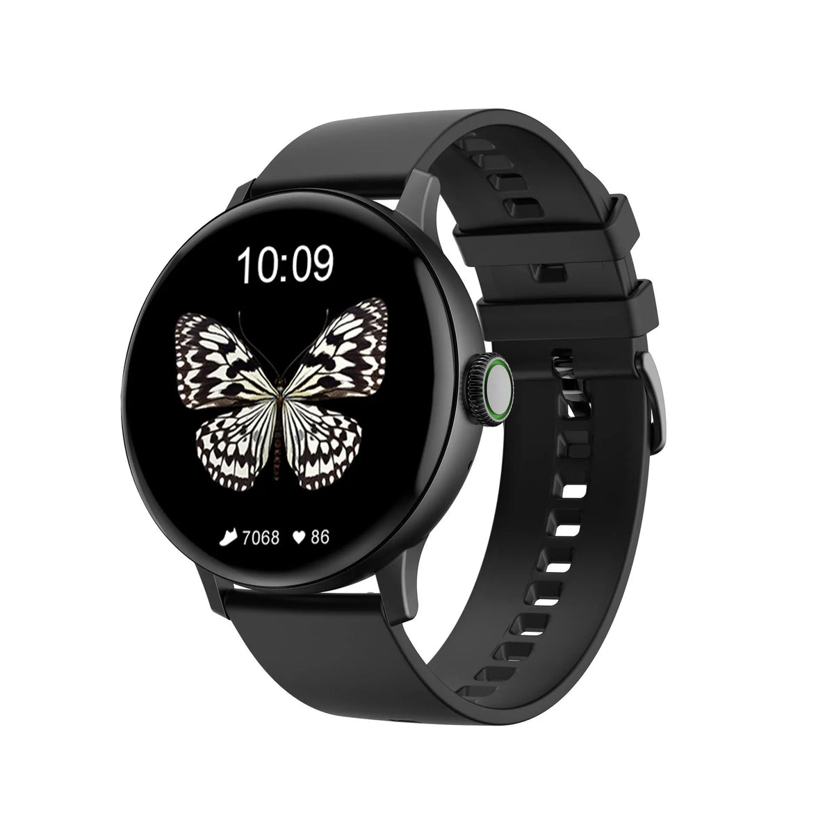 Bluetooth smart bracelet showing call screen on 1.2-inch circular display, with stainless steel band option.