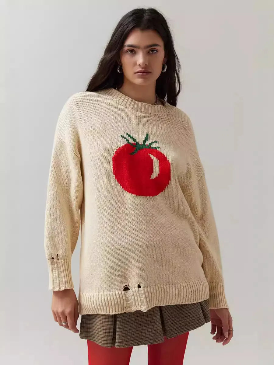 Women's loose-fitting jacquard knit acrylic sweater in milky white beige colour with round neck