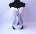Women's off-shoulder one-piece swimsuit in various colours on a white background.