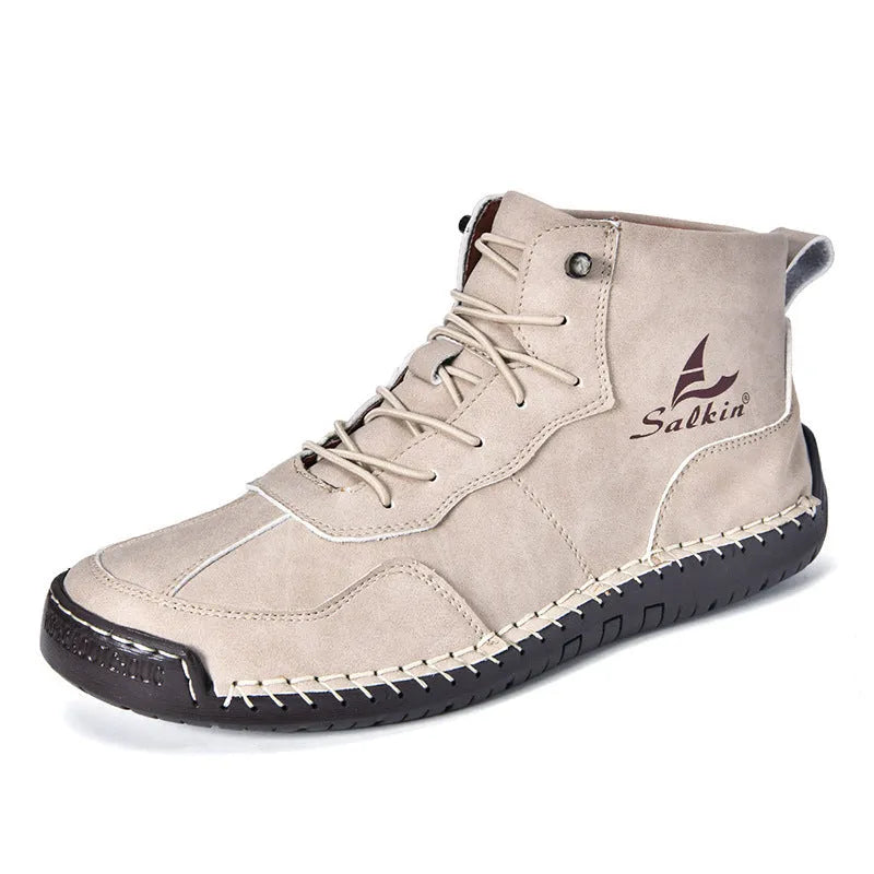 Retro style mid-calf casual boots with elastic band and round toe in beige colour.