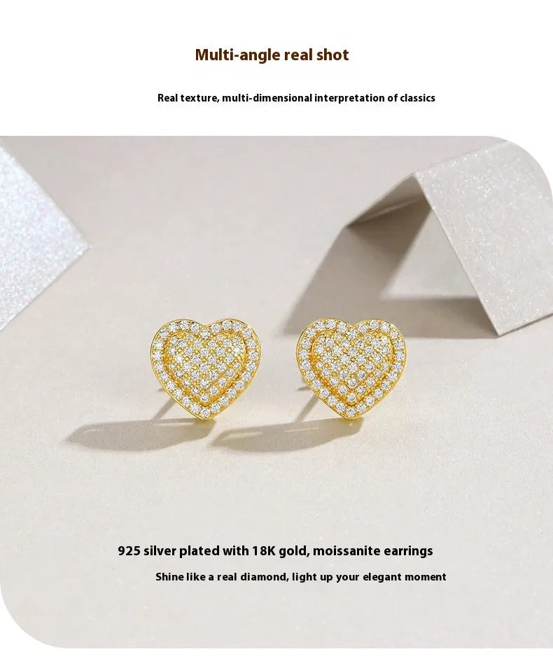 S925 silver moissanite heart stud earrings with gold finish, simple design