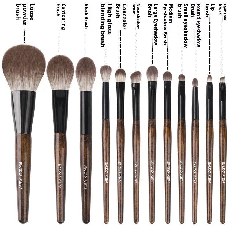 12 piece makeup brush set with wooden handles and soft artificial bristles in a PU travel bag
