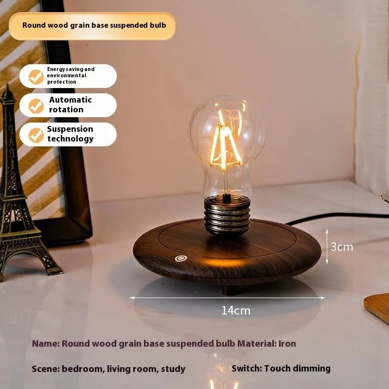 Creative suspension bulb small night lamp with iron art construction on wood grain base
