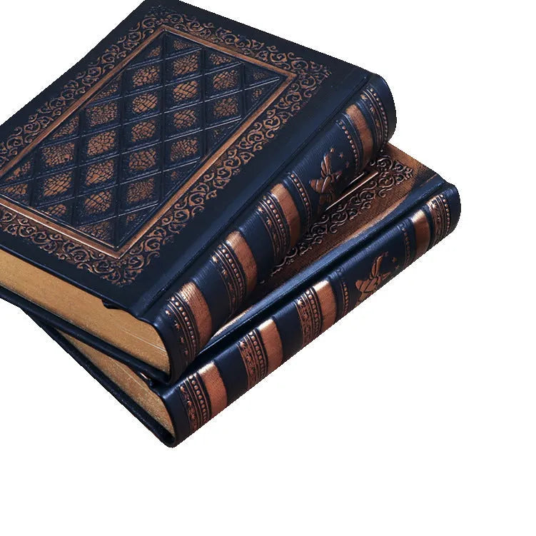 Embossed faux leather notepad showing three-dimensional cover design in bronze and black gold colour options