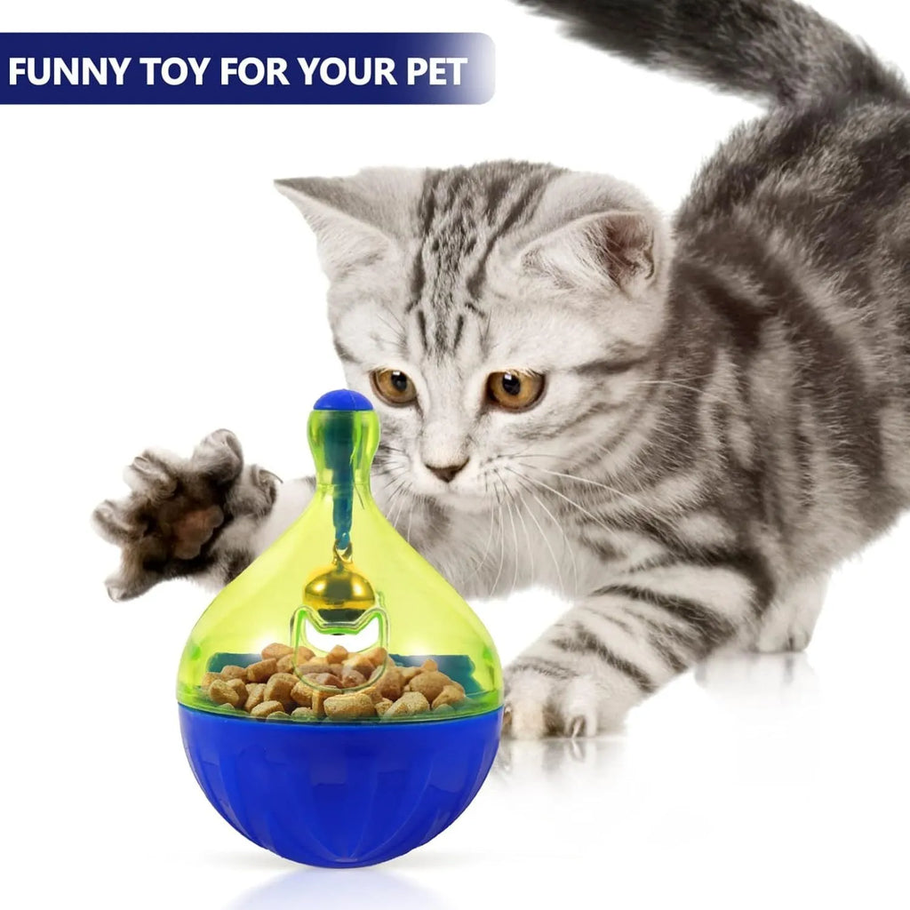 Blue and white tumbler-shaped interactive pet treat dispenser ball for dogs and cats
