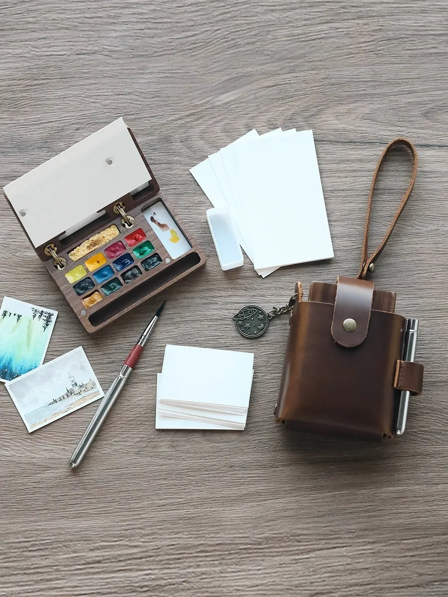 Mini walnut wooden watercolour paint box with leather case and pigment colour selection