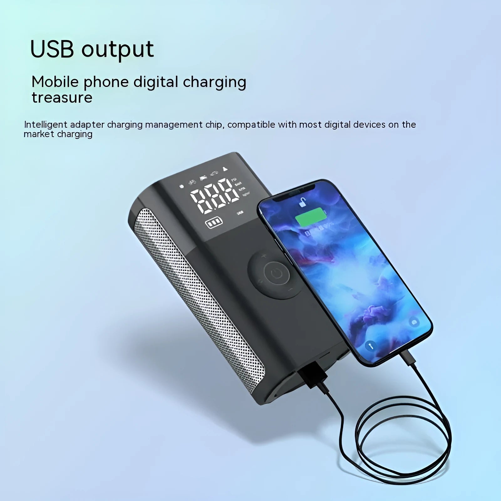 Black handheld wireless digital air pump with LCD screen and LED light, with assorted inflation nozzles