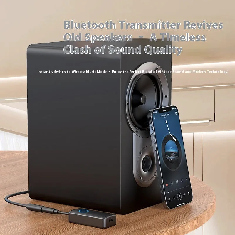 Black Bluetooth 5.4 audio adapter with flexible 3.5mm aux plug shown next to a mobile phone.