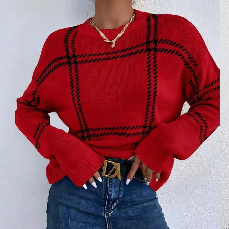 Women's plaid colour-block acrylic sweater with crew neck and regular sleeves in medium thickness