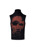 Black and white half-turtleneck sleeveless t-shirt with character print, slim-fit Korean style.