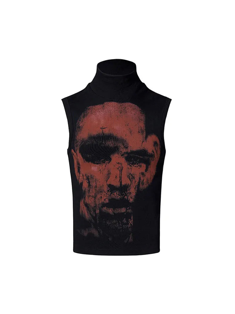 Black and white half-turtleneck sleeveless t-shirt with character print, slim-fit Korean style.