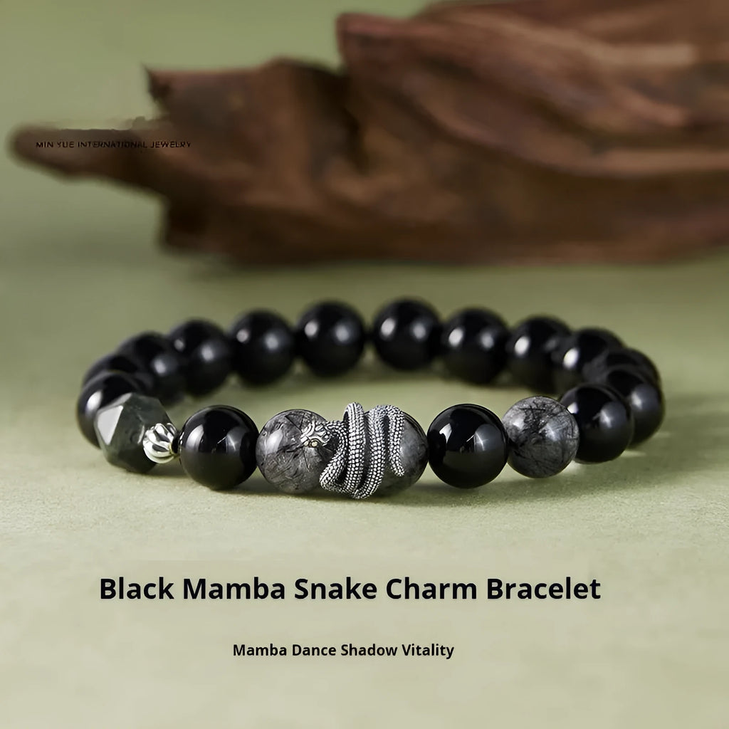 Men's black S925 sterling silver bracelet with 10mm obsidian crystal and detailed snake zodiac design