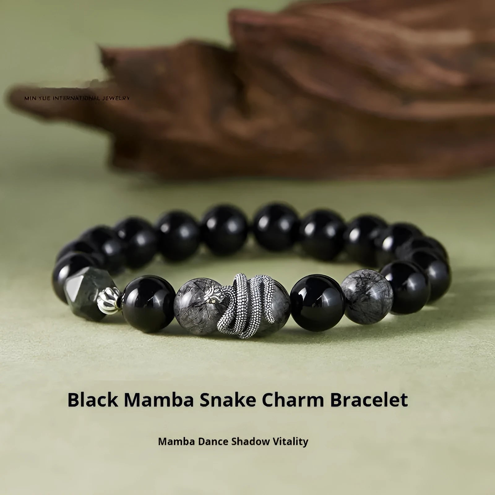 Men's black S925 sterling silver bracelet with 10mm obsidian crystal and detailed snake zodiac design