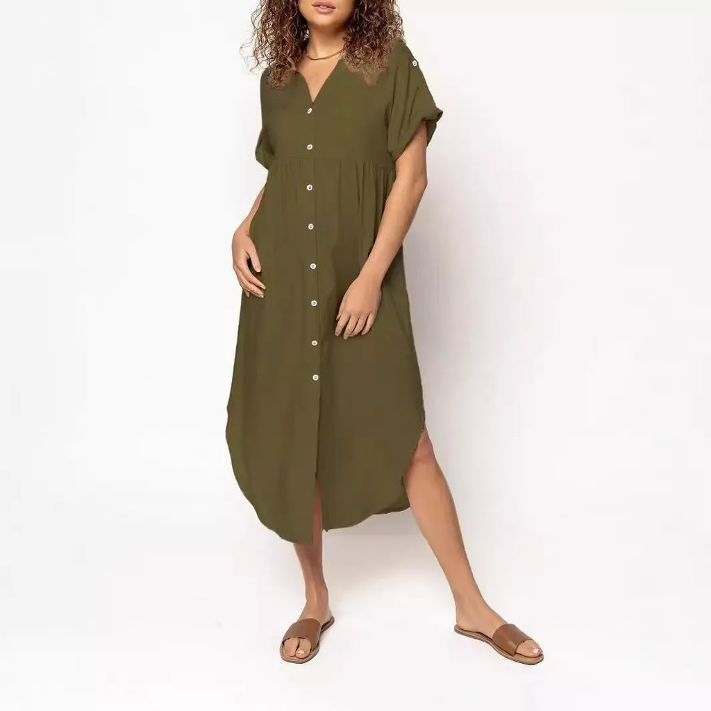 Loose casual mid-length dress with button-front design in solid colours