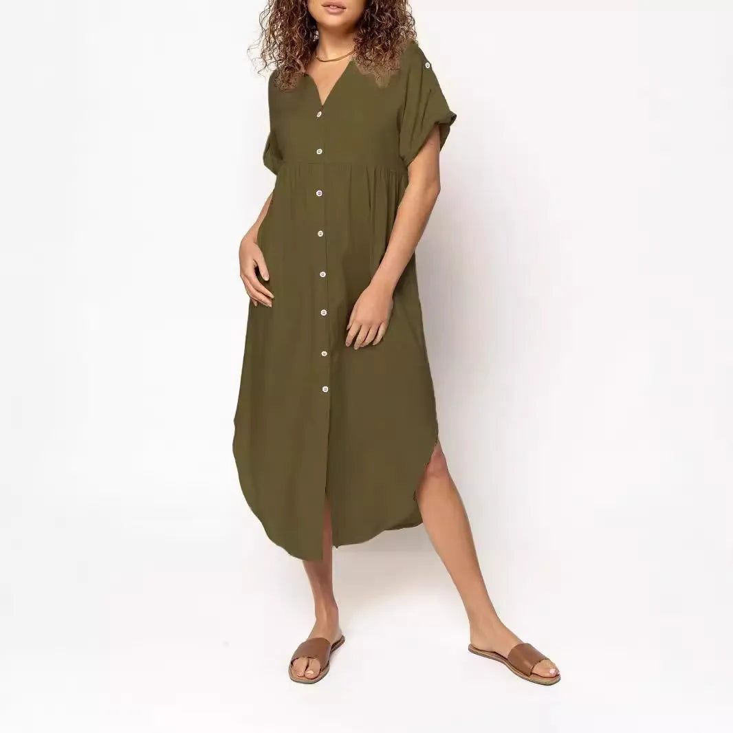 Loose casual mid-length dress with button-front design in solid colours