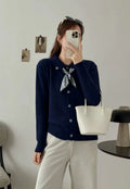 Women's lapel scarf sweater cardigan in acrylic fibre, shown in a neutral colour with long sleeves.