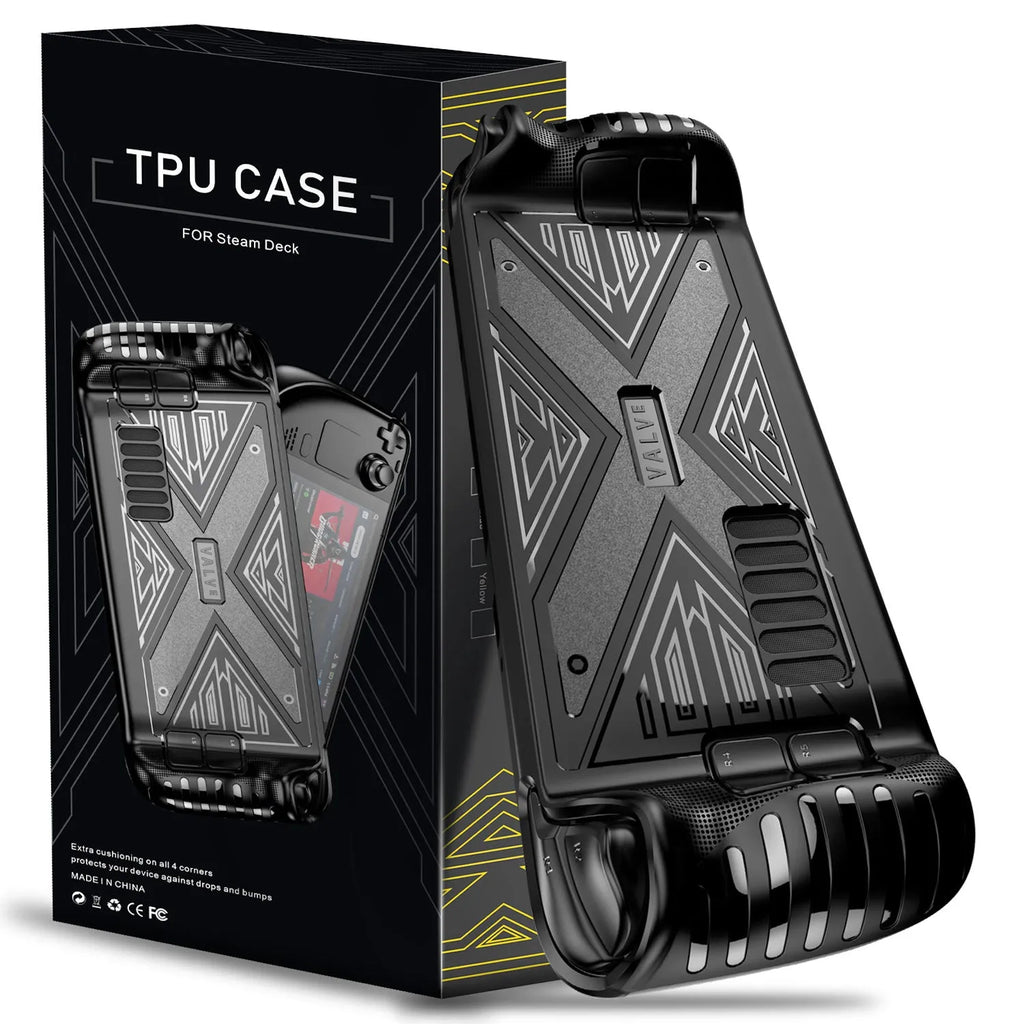 Steam Deck protective silicone soft shell case in TPU material showing black blue red colour options