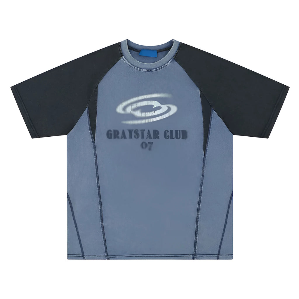 Men's blue hip hop letter print t-shirt with raglan sleeves showing loose fit design