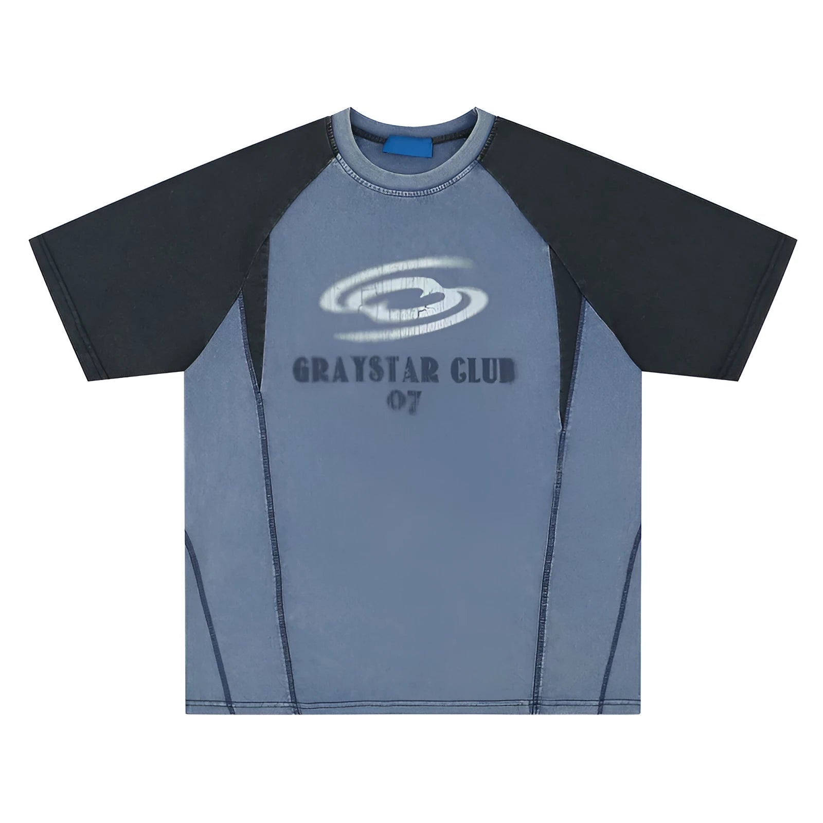 Men's blue hip hop letter print t-shirt with raglan sleeves showing loose fit design