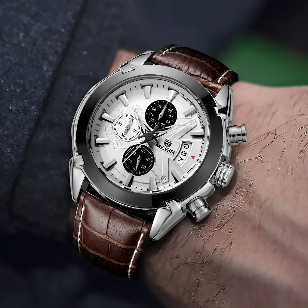 Men's analogue chronograph watch with three sub-dials and luminous markers on black or brown face