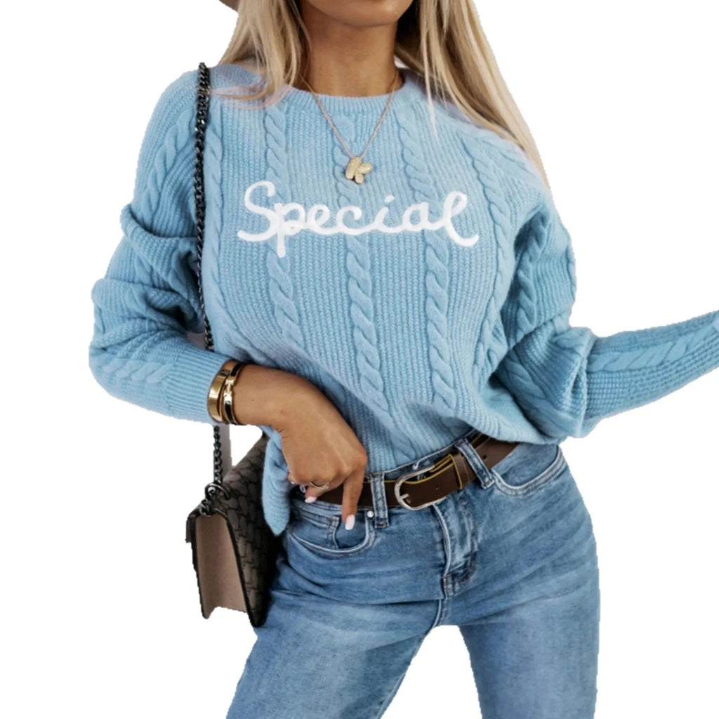 Blue crew neck knitwear pullover with embroidered letters in street fashion style