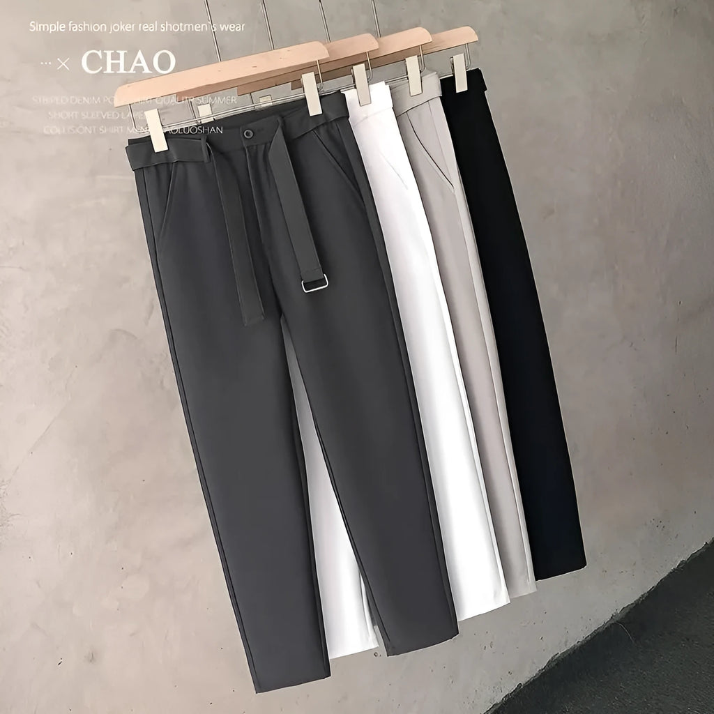 Boys slim straight wool trousers in grey, showing tapered fit and straight leg opening.