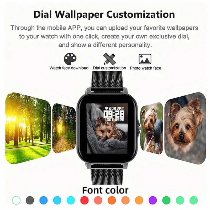 Smart watch with 1.44-inch touch screen and silicone wrist strap showing Bluetooth calling and health monitoring interface