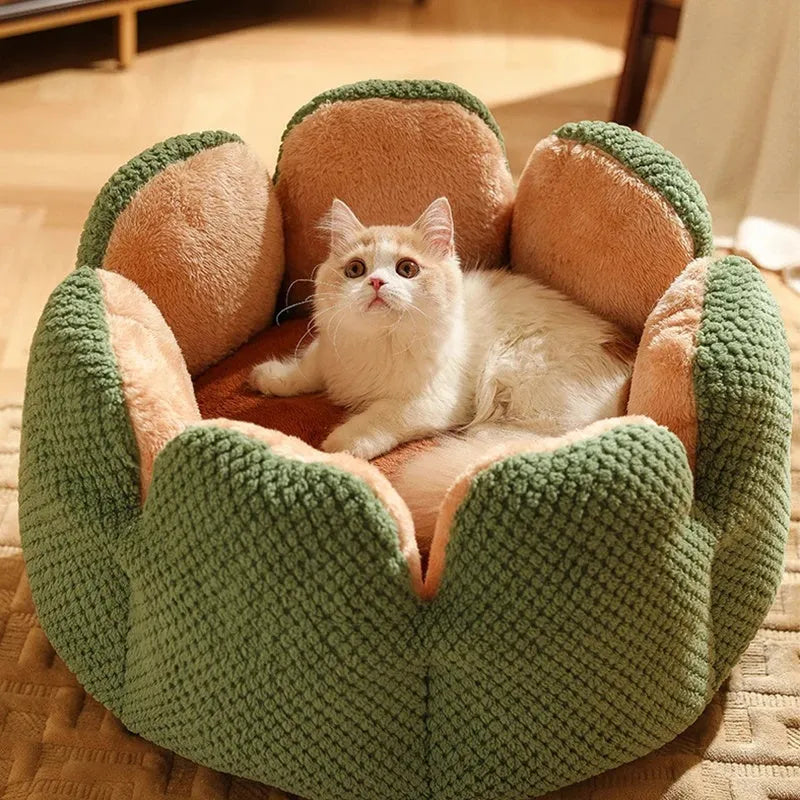 Green cactus petal shape pet kennel bed for cats and dogs with plush interior and non-slip bottom
