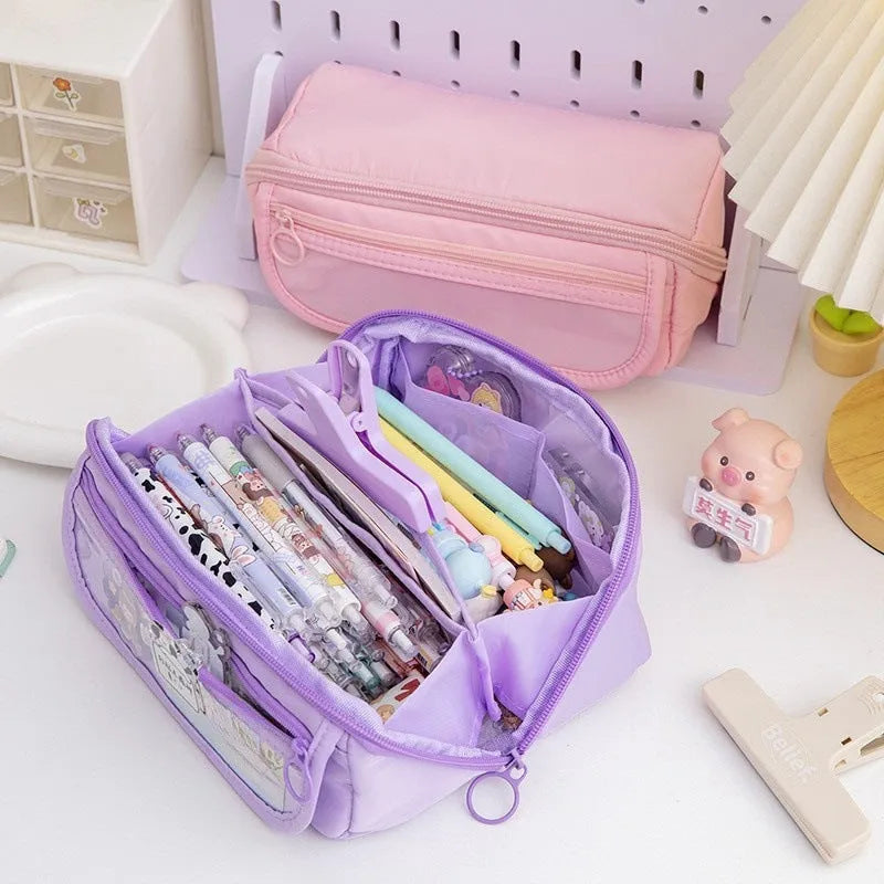 Korean style ten-layer flip canvas pencil case open showing multiple compartments for pens.