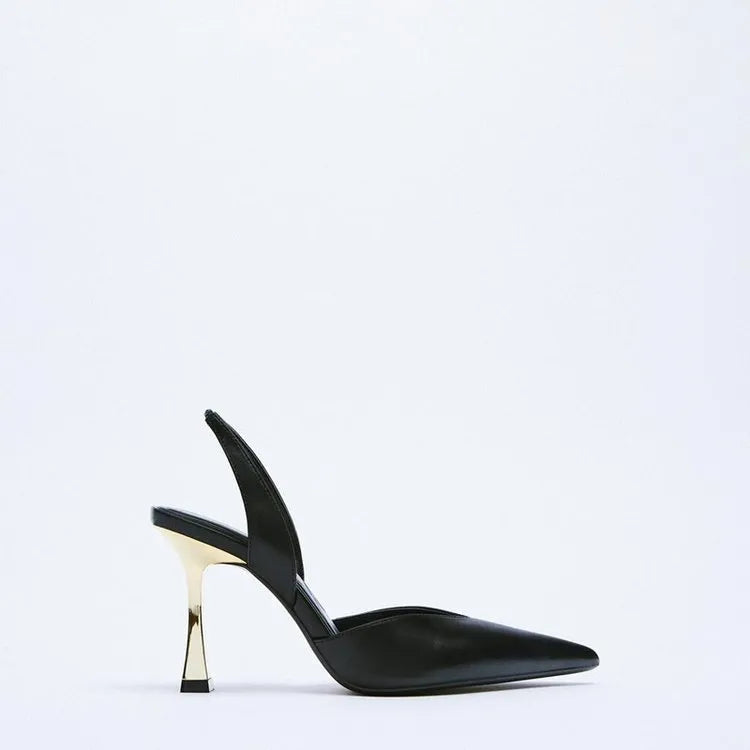 Women's pointed toe high heels in patent leather, shown in apricot and black colours.