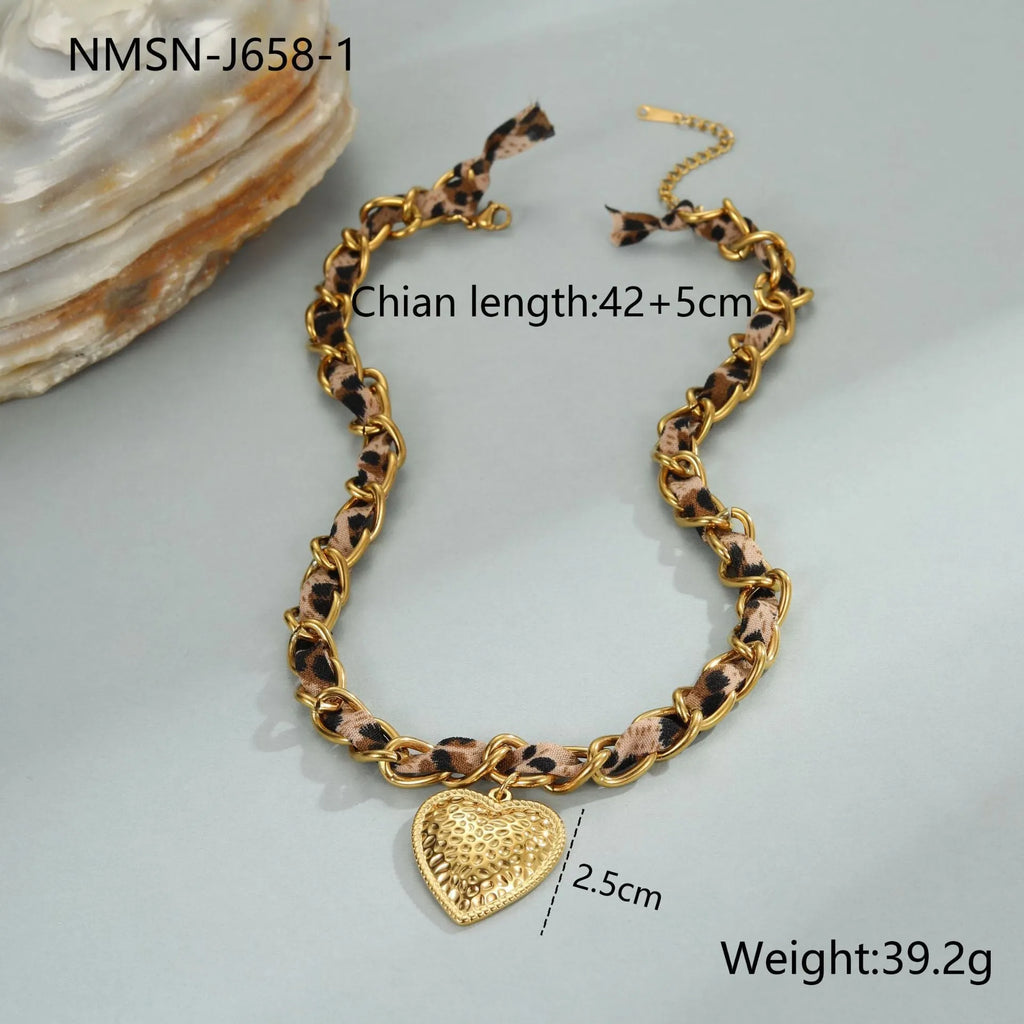 Stainless steel leopard love pendant necklace with 18K gold electroplating on adjustable 41-50cm chain