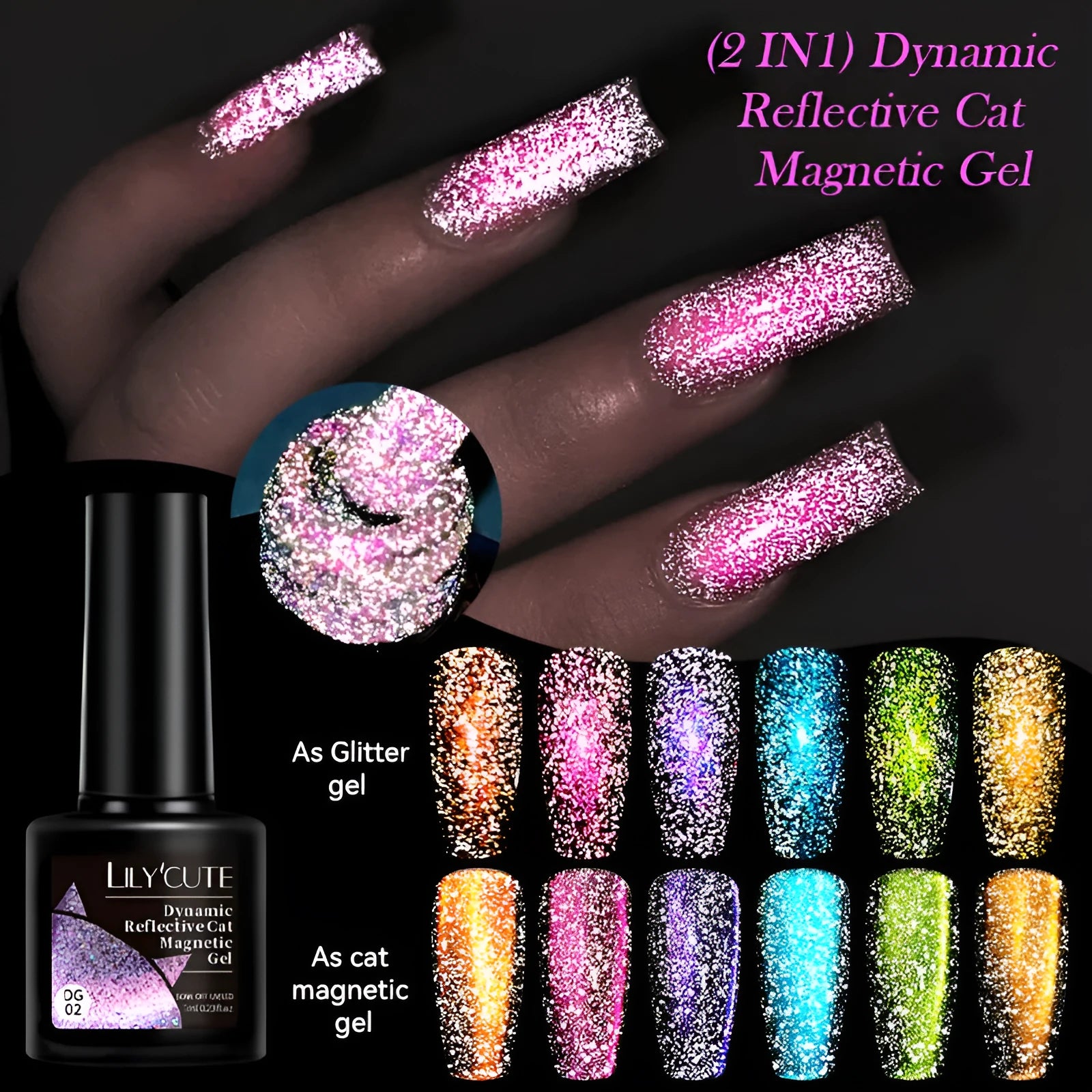 Cat eye series UV gel nail polish bottle with diamond glitter in one of six colour options.