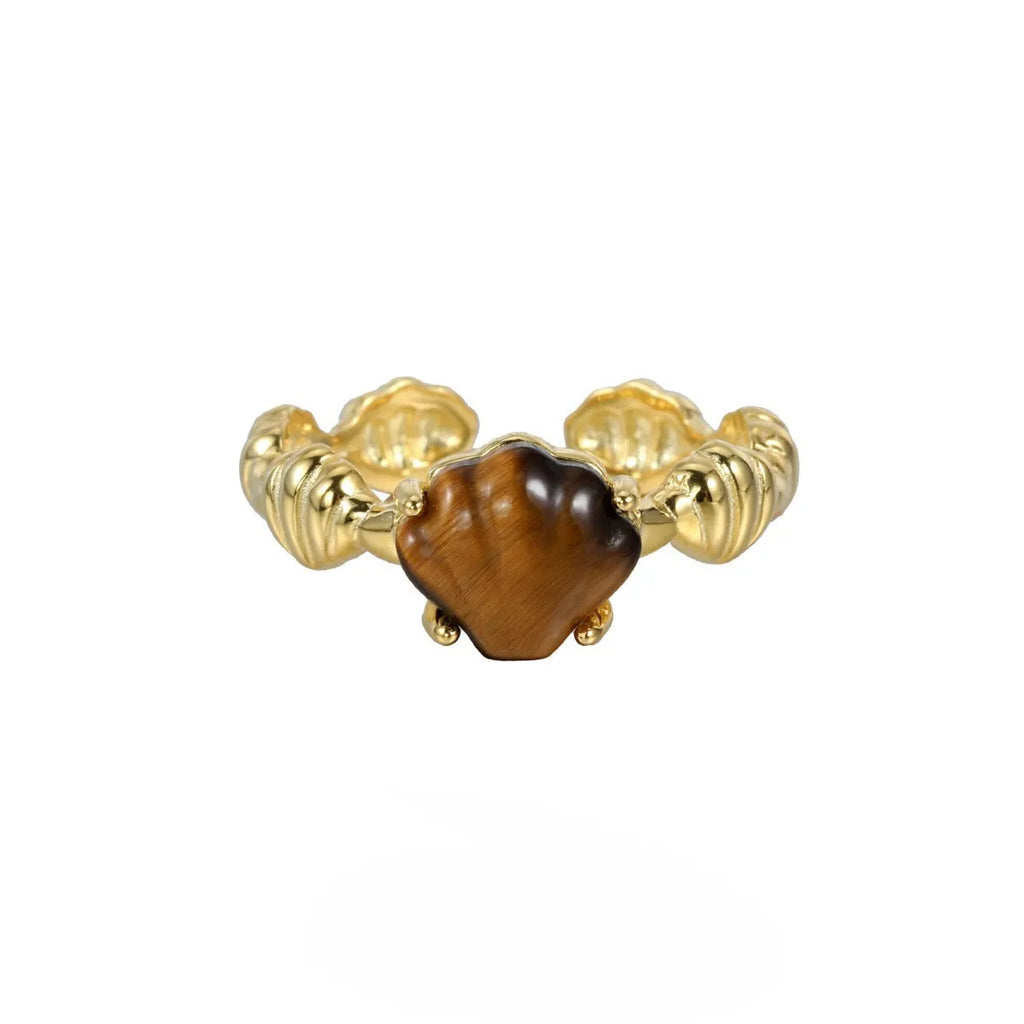 Adjustable silver ring with shell and tiger eye decoration in white gold or 18K gold electroplated finish.