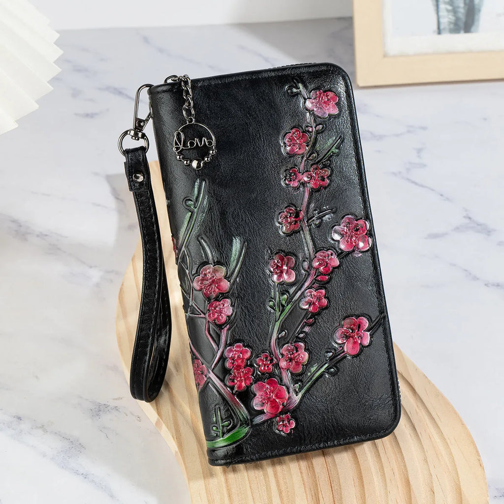 Chinese style embossed floral handbag with hand-painted detailing in black, brown or coffee colour