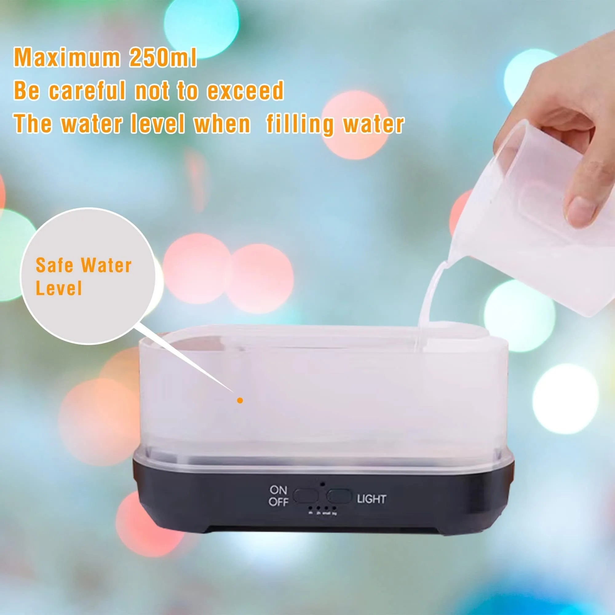 Square snowflake pattern humidifier with colourful flame effect and remote control on desktop