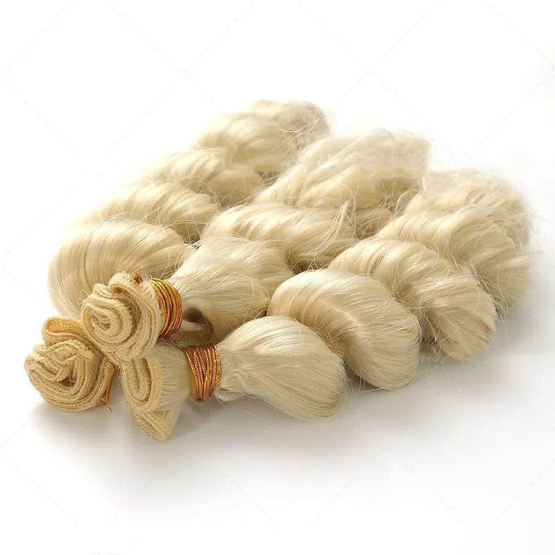 Golden women's synthetic wig with long hair weft, shown in 18, 20, and 22-inch length options.