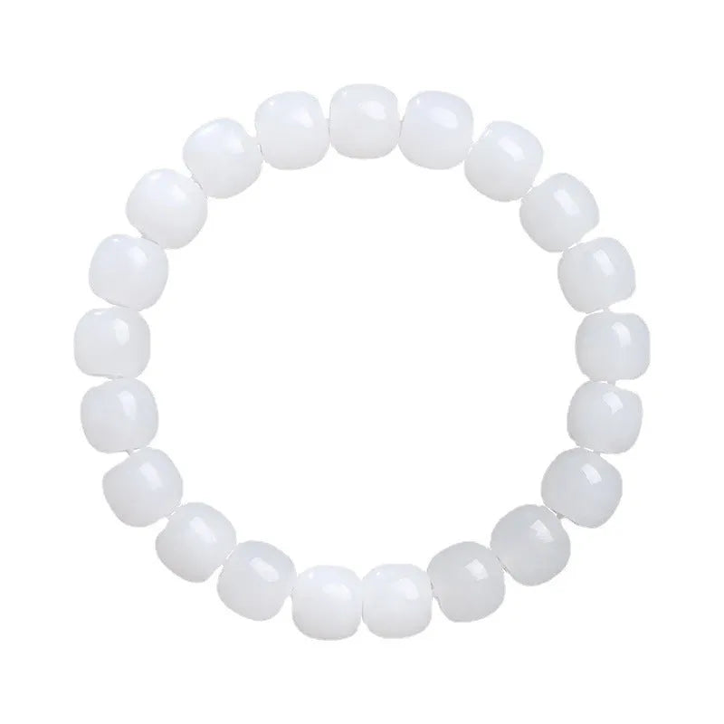 White Hetian jade barrel bead bracelet showing three size options on a neutral background