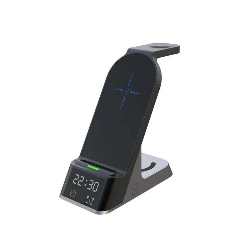 Black six-in-one alarm clock wireless charging station with display and charging surface