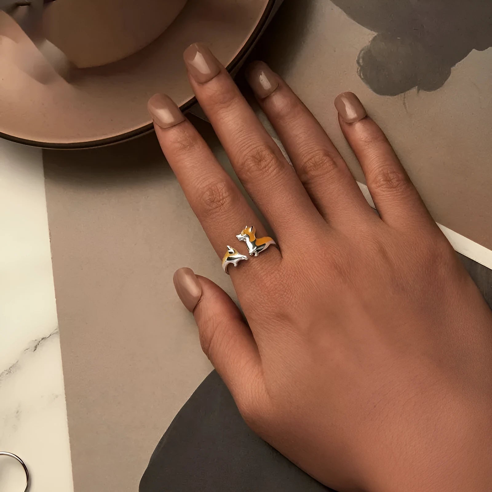 Silver electroplated corgi pet ring with cartoon design, model SCR1014E