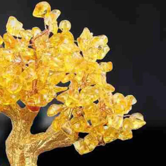 Citrine resin Feng Shui money tree ornament with water turtle design measuring 18cm tall