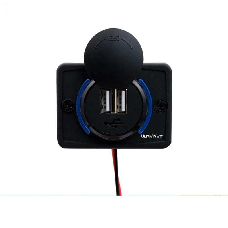 Black 12V dual USB car charger for recreational vehicle dashboard installation