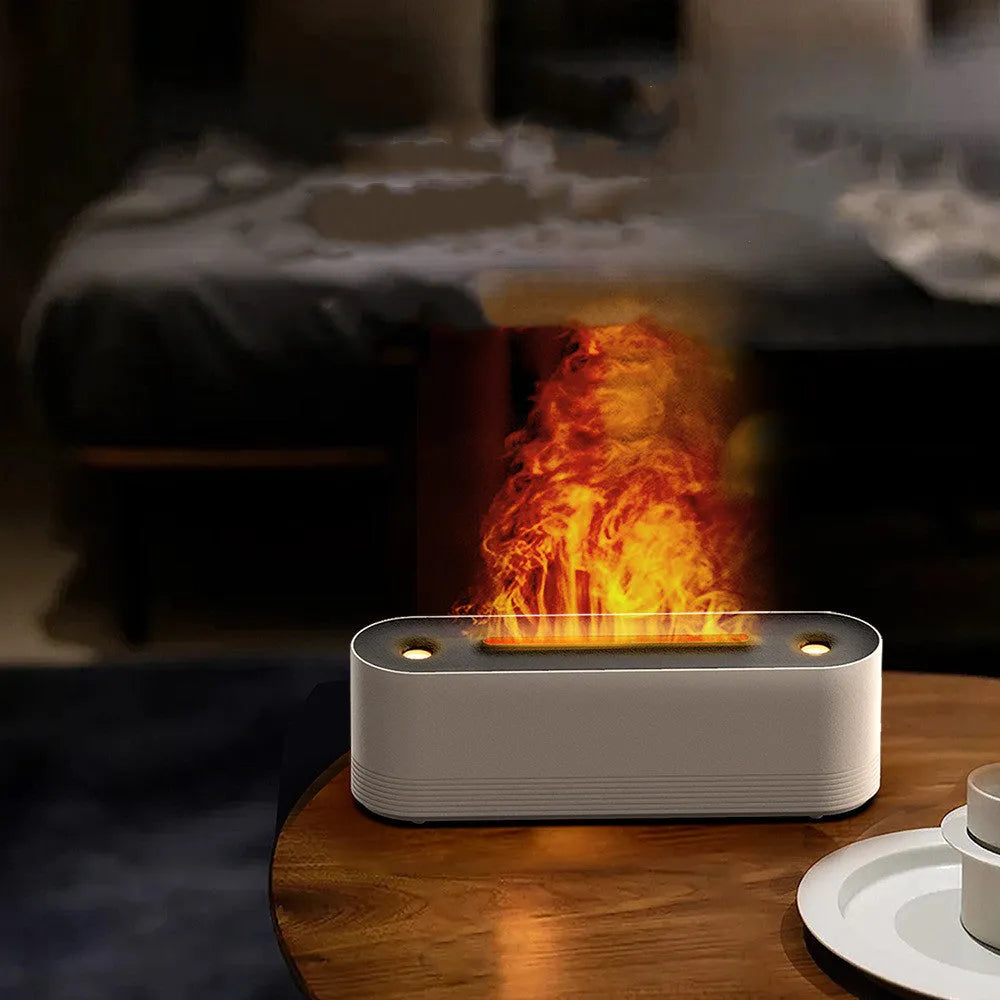 Black and white ultrasonic humidifier with flame LED lights and water mist output