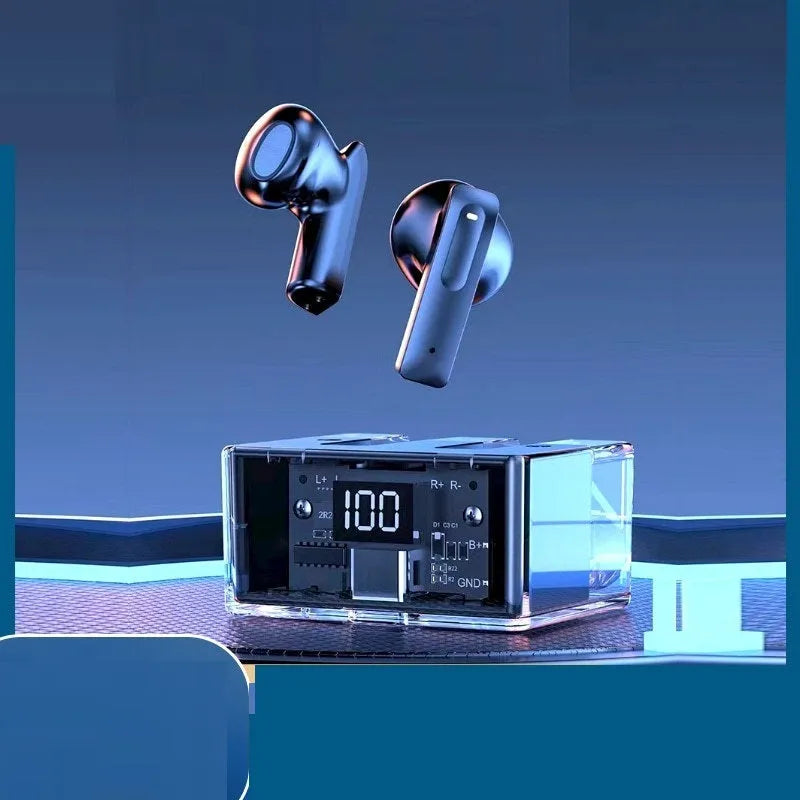 Transparent space capsule case true wireless Bluetooth headset in black, white, light blue, green, or peach colours