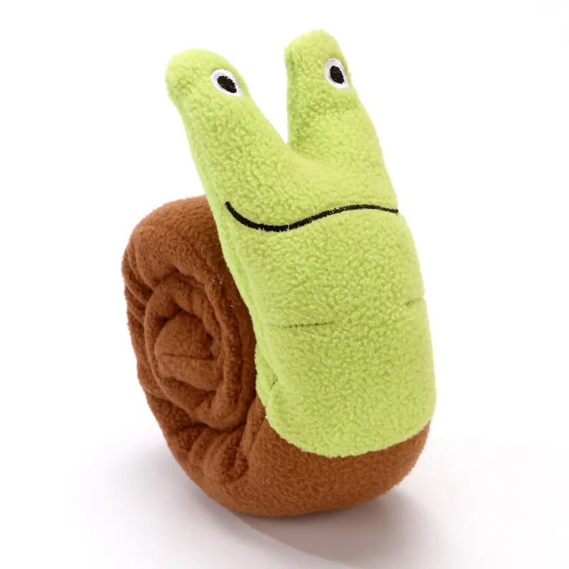 Thick velvet dog puzzle toy with squeaker in snail shape showing hidden food holes
