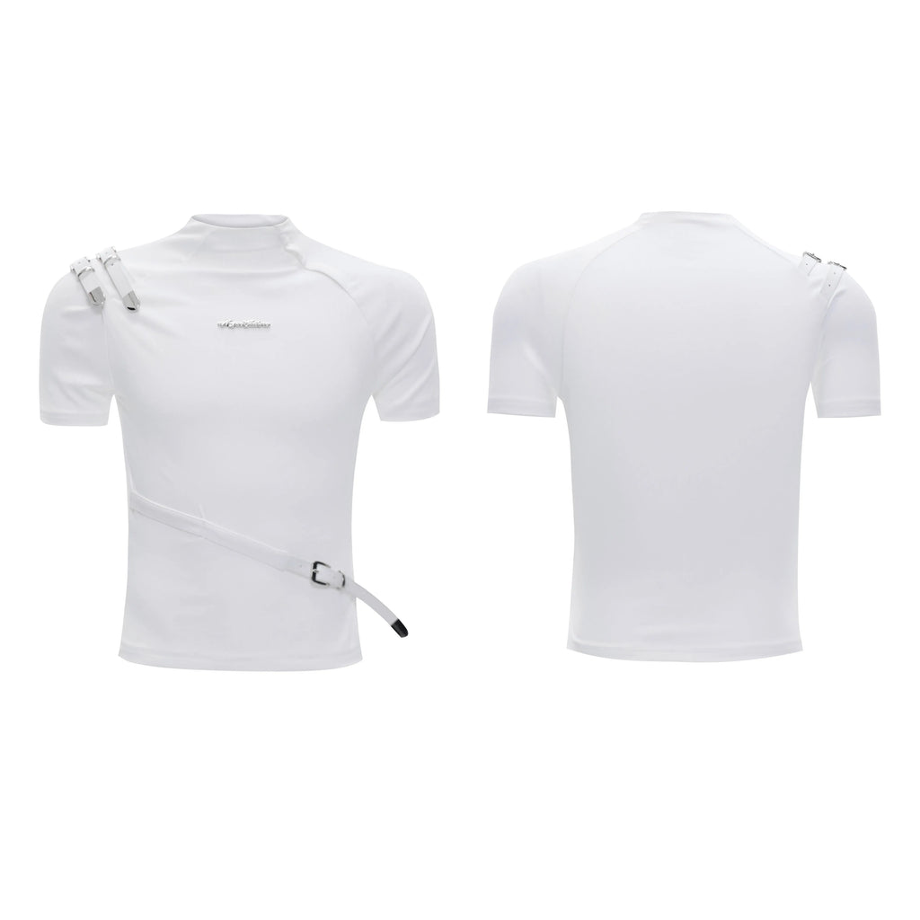 Men's black slim fit cotton T-shirt with metal belt detail on stand-up collar and short sleeves