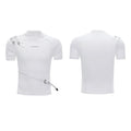 Men's black slim fit cotton T-shirt with metal belt detail on stand-up collar and short sleeves