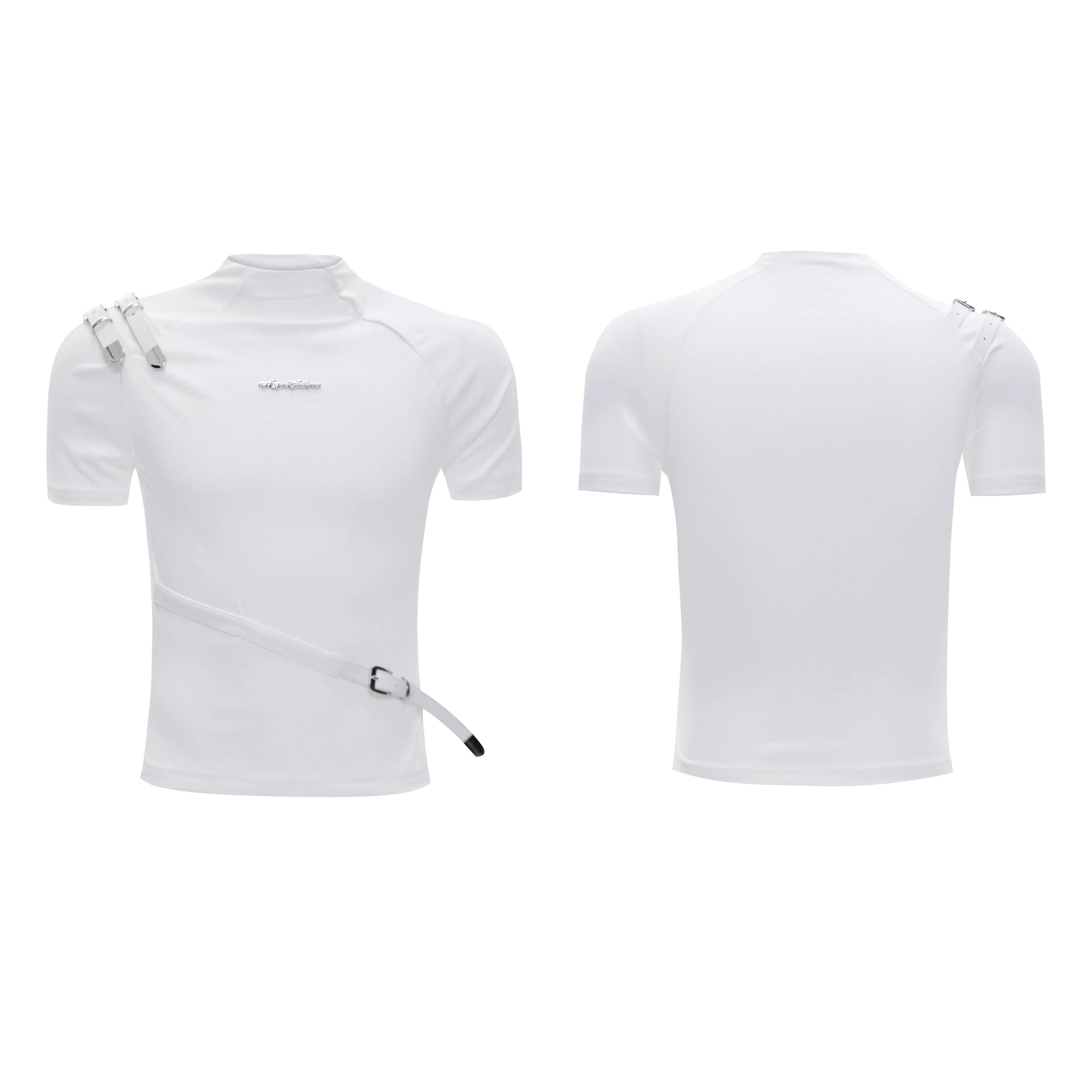 Men's black slim fit cotton T-shirt with metal belt detail on stand-up collar and short sleeves