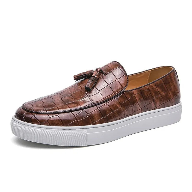 Men's brown plus size sneakers with tassel detail on the artificial PU upper and a round toe.