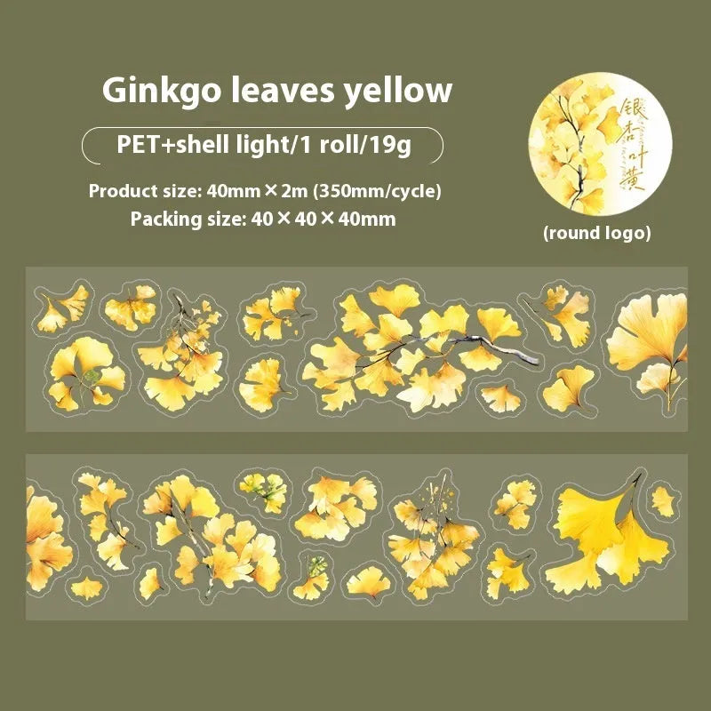 Six rolls of nature-themed decorative stickers showing gentle ginkgo, maple leaf, and blue fallen leaves colour variations