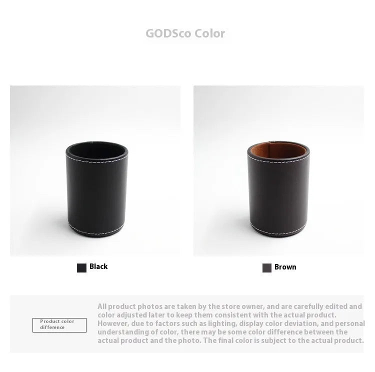 Round black leather pen holder container showing cylindrical shape and compact dimensions